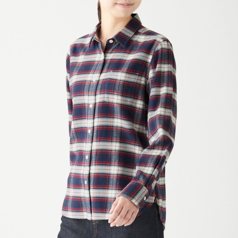 Muji Navy Plaid Flannel Collared Shirt